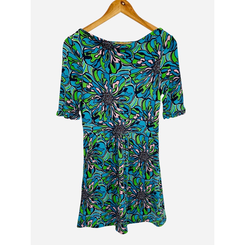 Lilly Pulitzer Dress Floral‎ Print Blue Green Pink Silk Cotton Blend Size Small
